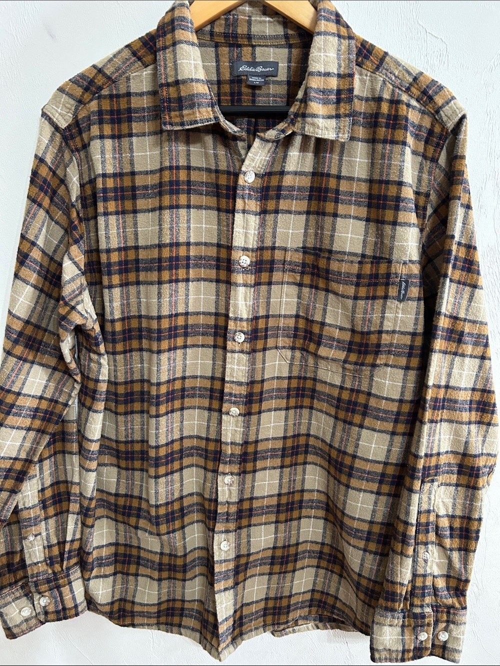 Eddie Bauer Tan  Plaid Button-Down Flannel Shirt Size Large